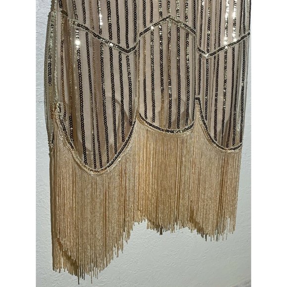 Womens Flapper Dress M Sequin Beige Beaded Sleeveless Back Zip Bottom Fringe - Picture 5 of 6